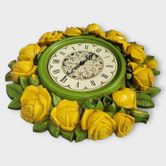 Syroco Homco Yellow Green Rose Floral Large Decorative Wall Clock "Not Working" - Picture 11 of 14
